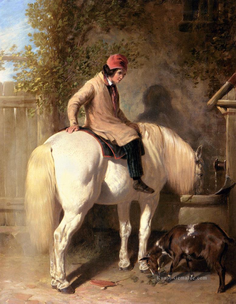 Erfrischung ein Junge Bewässerung Sein graues Pony Herring Snr John Frederick Pferd Ölgemälde
